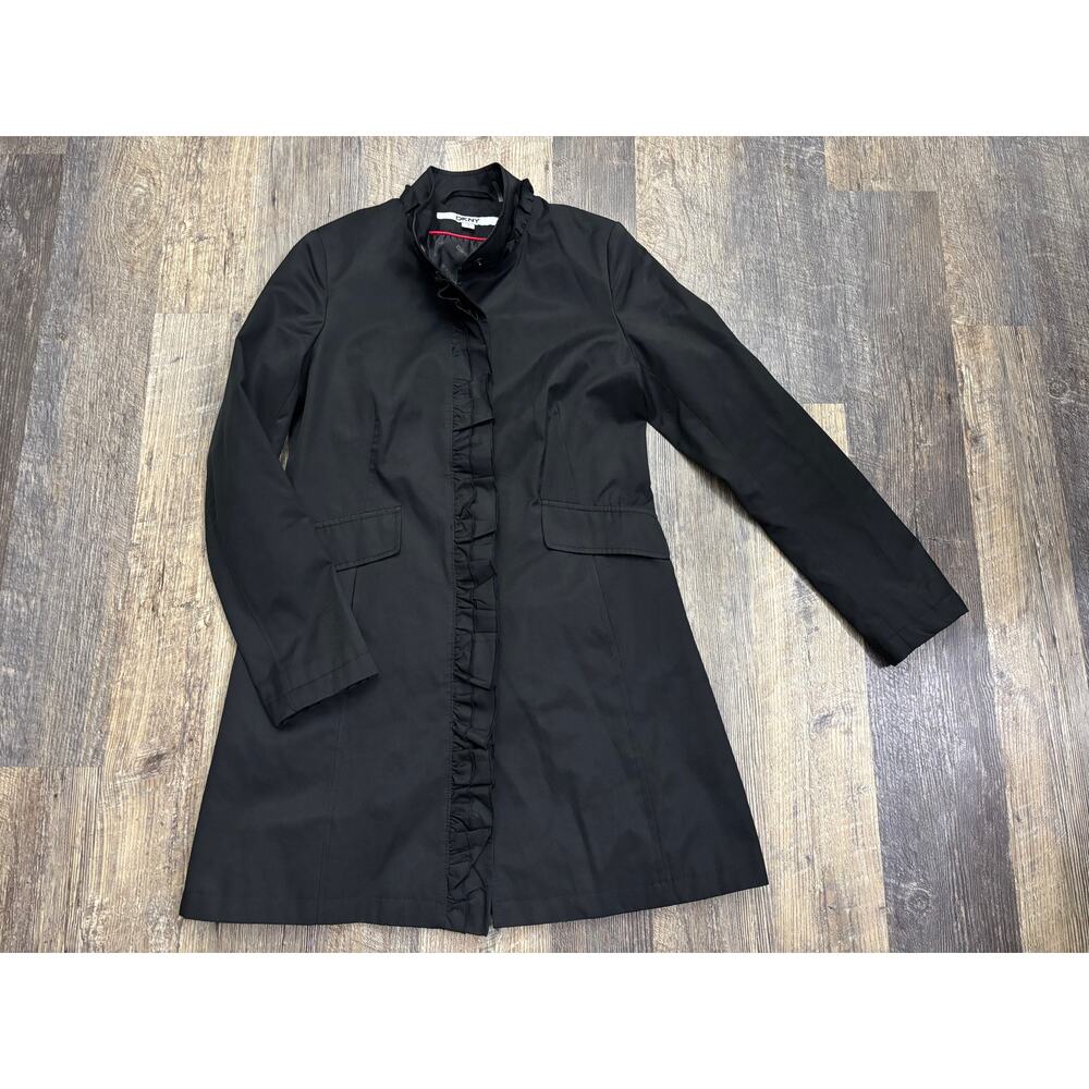 DKNY Black Ruffle Trim Trench Coat Stand Collar Lightweight Jacket Womens‎ Small